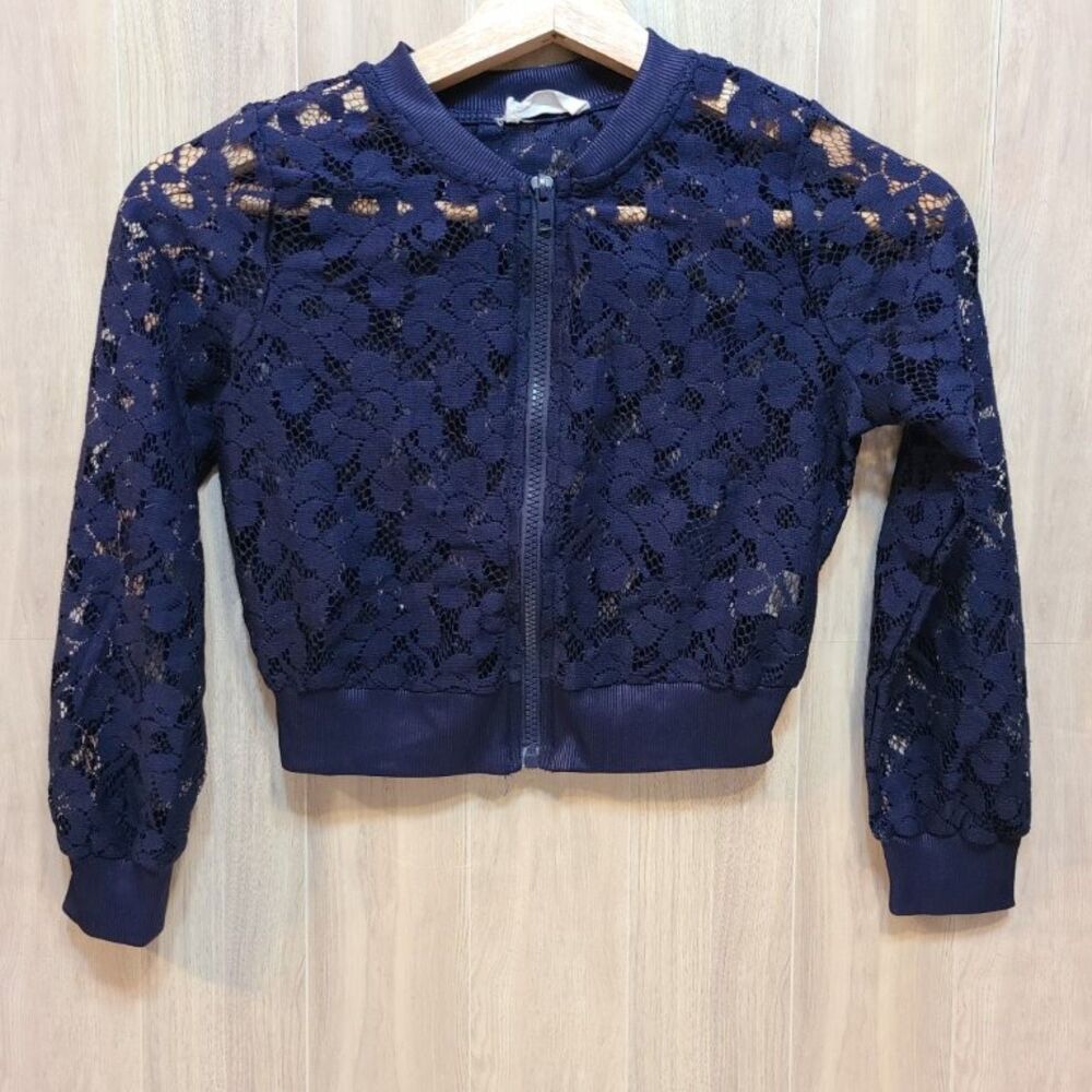 Beautees Girls Size 7 Blue Lace Floral Bomber Jacket Zip Up Lightweight Kids Coa